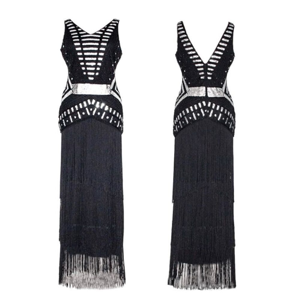 ✨🖤 Flapper Great Gatsby 1920s Retro Tassel Fringe Sequin Black Dress SIZE M NWT